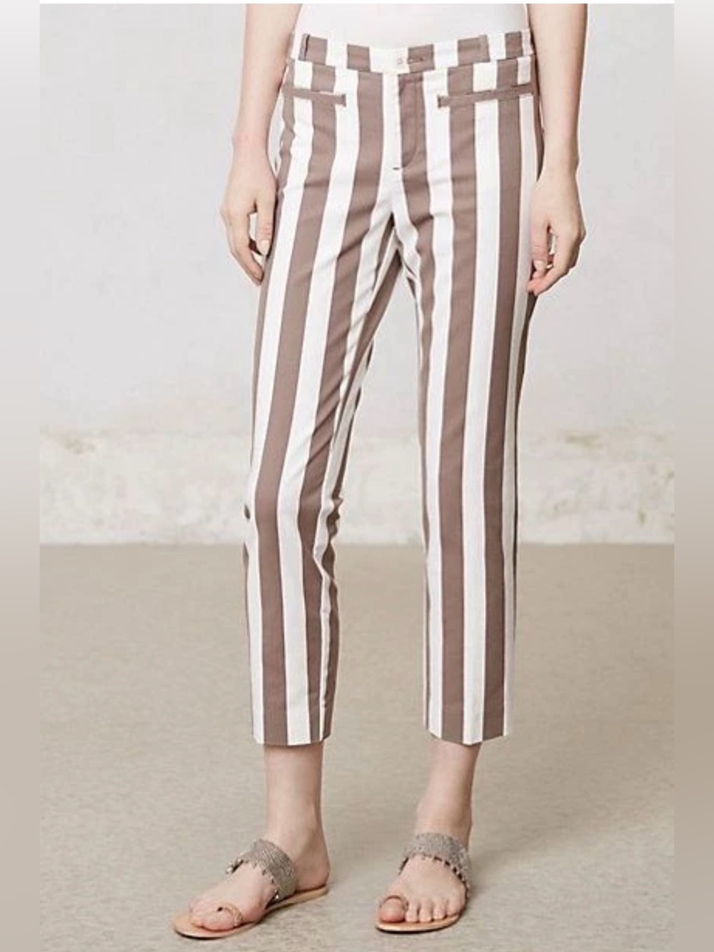 Anthropologie Cartonnier "Charlie" Ruled Stripe Ankle Trousers - Brown & White